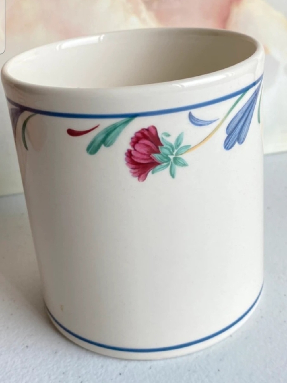 Lenox White Vase with Pink Floral and Blue Accents